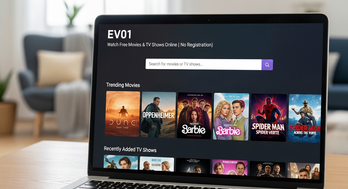 The user-friendly homepage of the EV01 platform, displaying a clean layout and easy access to thousands of free movies and TV series.