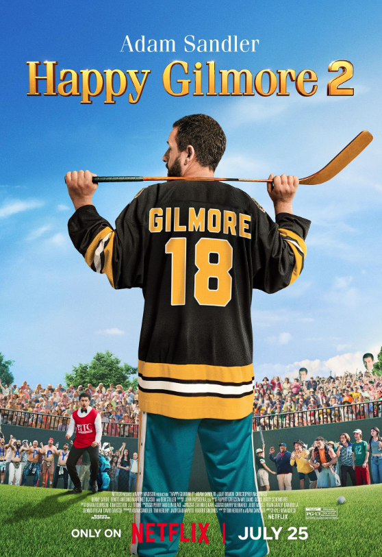 The official movie poster for Happy Gilmore 2, featuring Happy Gilmore holding his signature hockey-stick putter on a vibrant golf course.