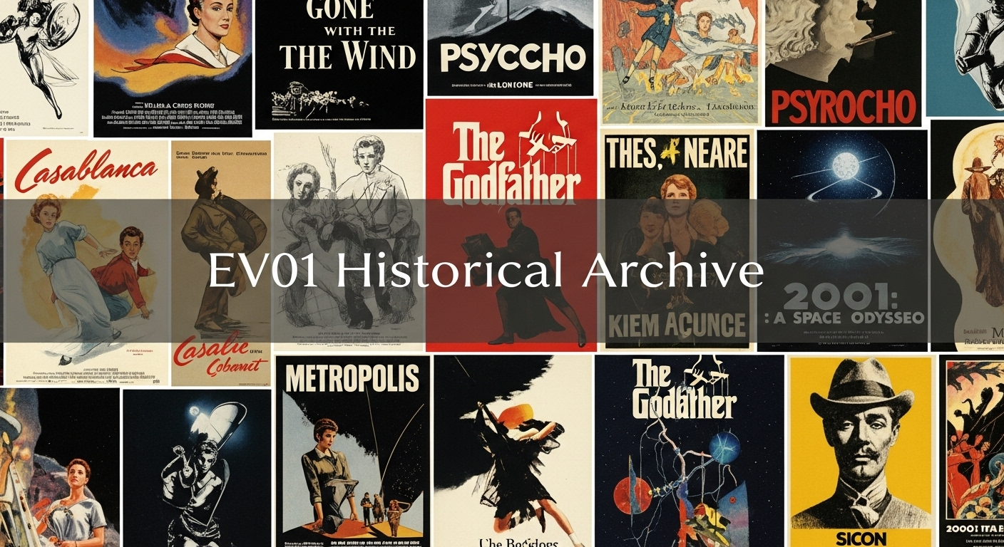 A collage of classic film posters, symbolizing the historical archive available on EV01.