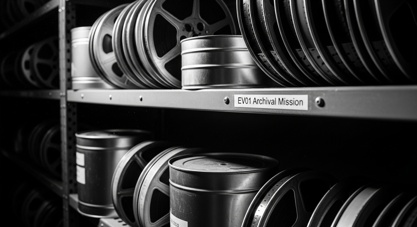 Black and white photo of film reels on a shelf, representing the archival mission of EV01.