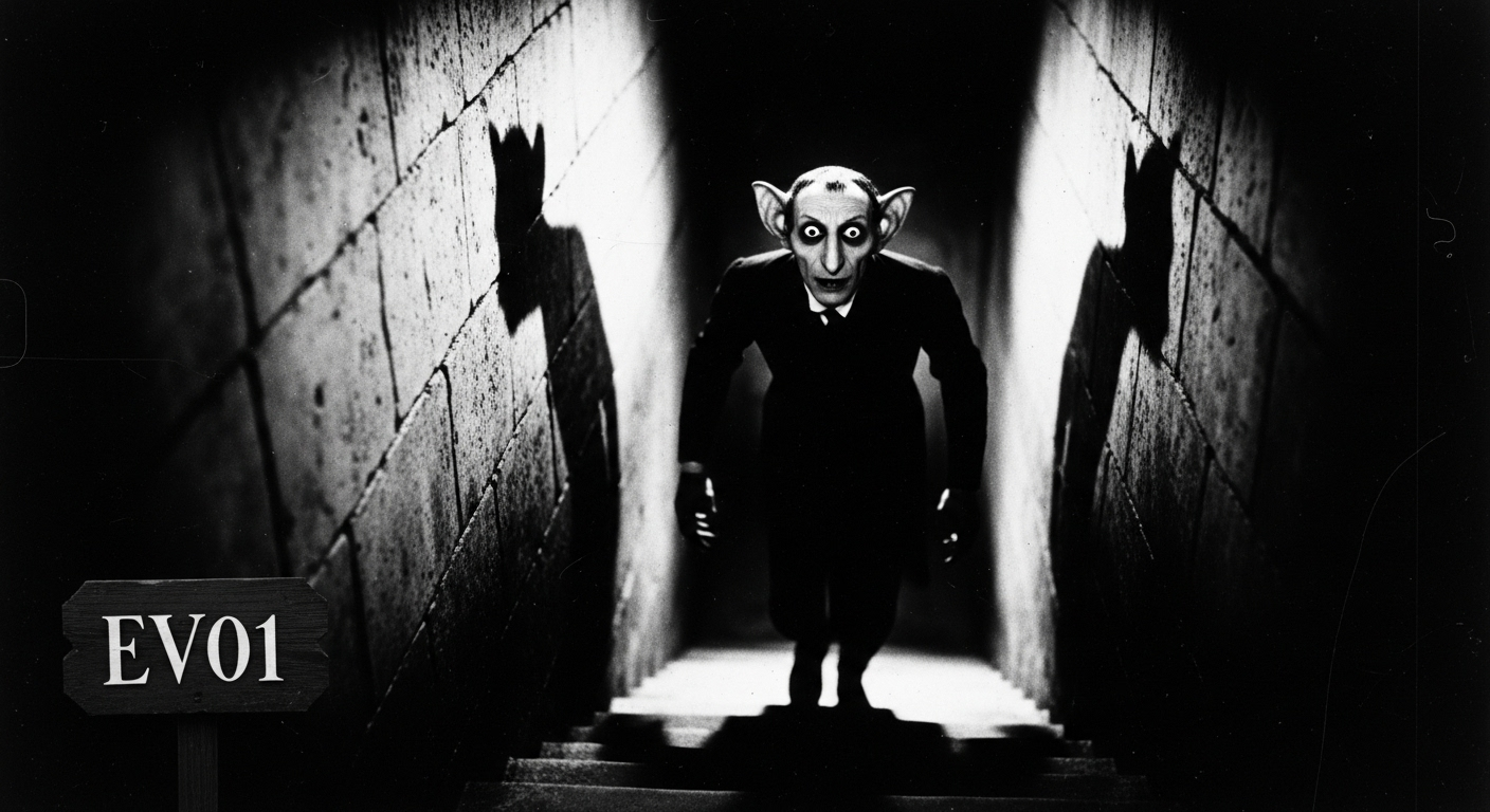 A dramatic black and white still from the classic film Nosferatu, available on EV01.