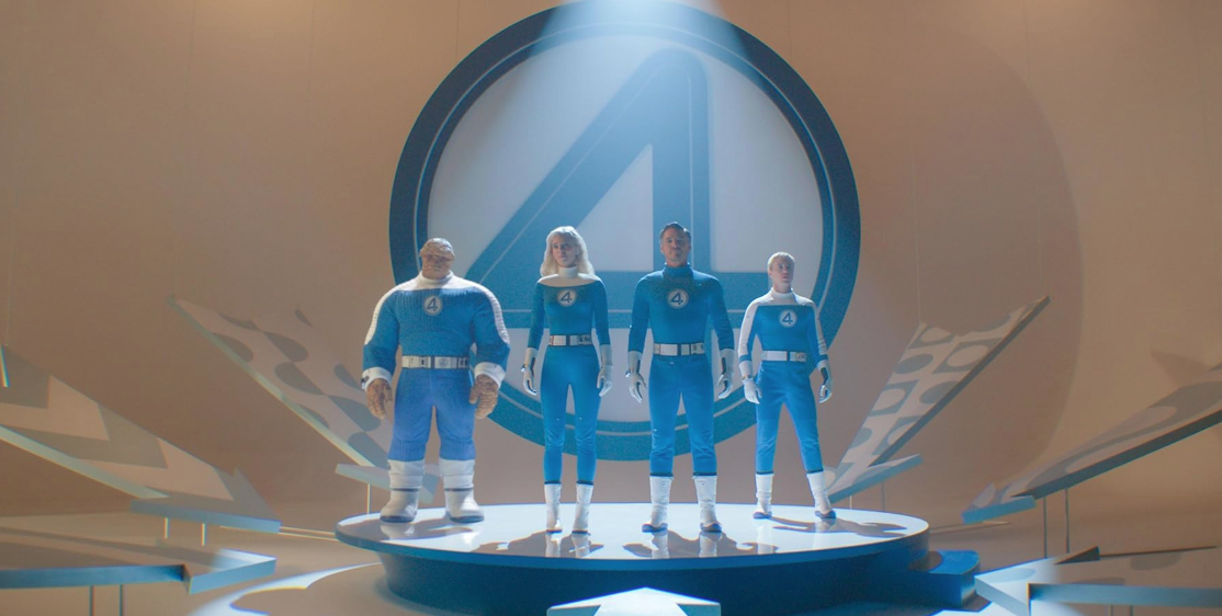The official movie poster for The Fantastic Four: First Steps, featuring the four heroes against a stylized, retro-futuristic cosmic backdrop.